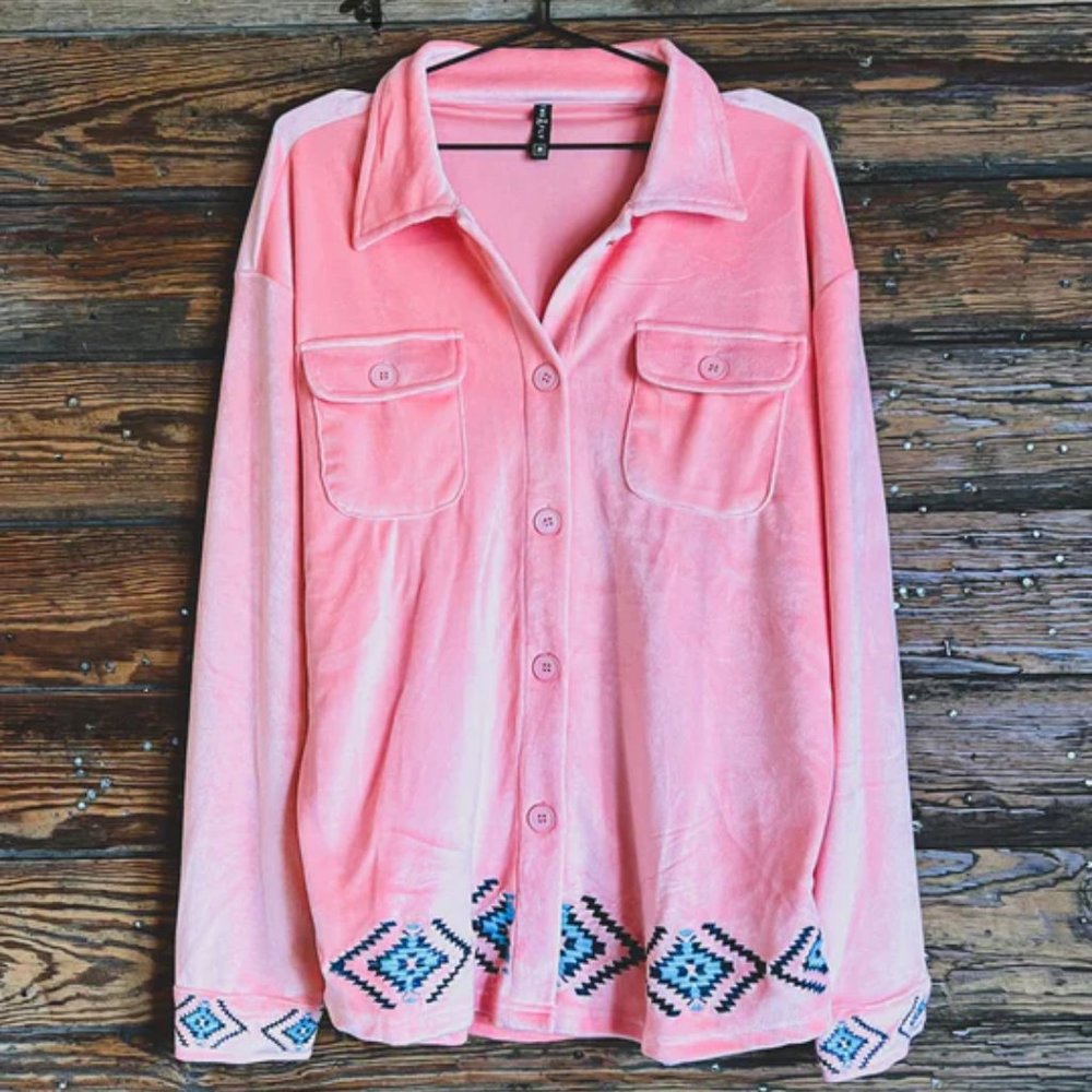 Pink Velvet Button Down with Aztec Turquoise Trim